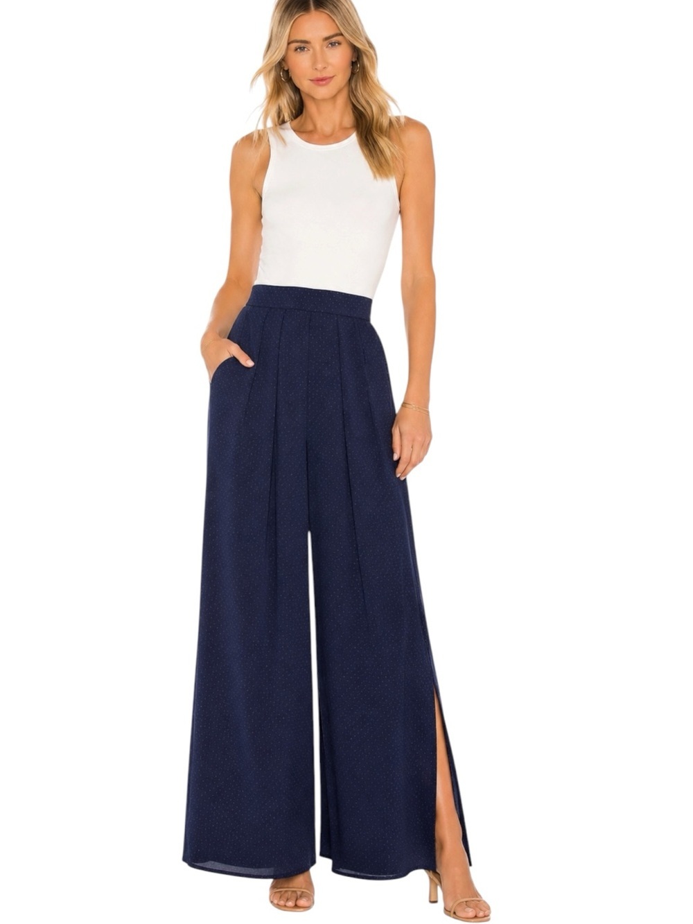 Cleobella High Waisted Wide Leg Palazzo Pants Navy Dot Size S